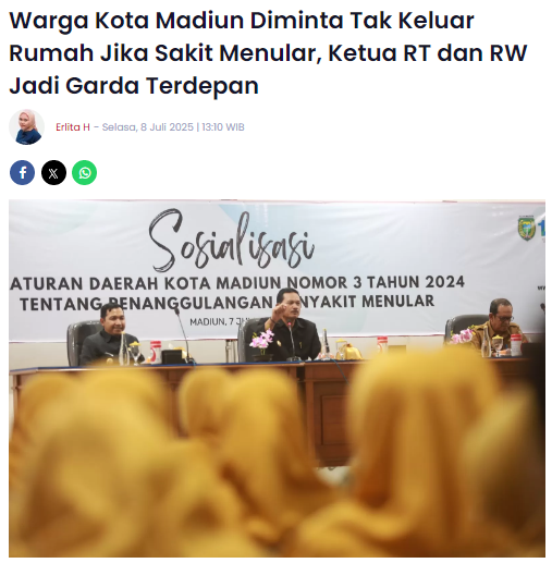 Warga Kota Madiun Diminta Tak Keluar Rumah Jika Sakit Menular, Ketua RT dan RW Jadi Garda Terdepan
