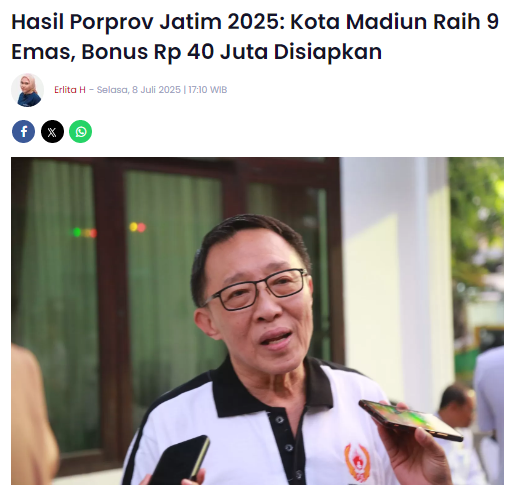Hasil Porprov Jatim 2025, Kota Madiun Raih 9 Emas, Bonus Rp 40 Juta Disiapkan