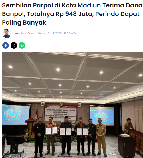 Sembilan Parpol di Kota Madiun Terima Dana Banpol, Totalnya Rp 948 Juta, Perindo Dapat Paling Banyak