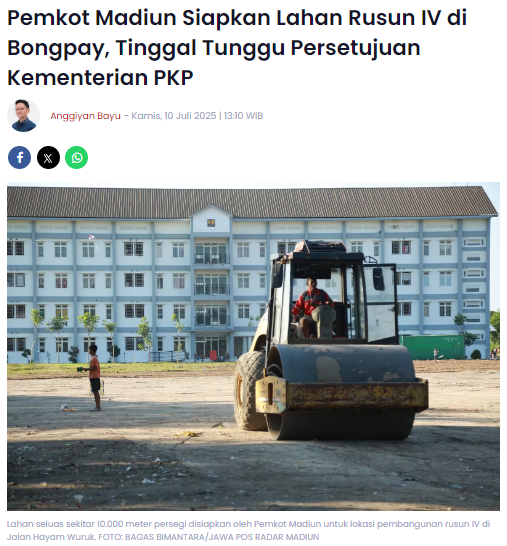 Pemkot Madiun Siapkan Lahan Rusun IV di Bongpay, Tinggal Tunggu Persetujuan Kementerian PKP