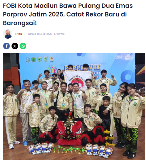 FOBI Kota Madiun Bawa Pulang Dua Emas Porprov Jatim 2025, Catat Rekor Baru di Barongsai