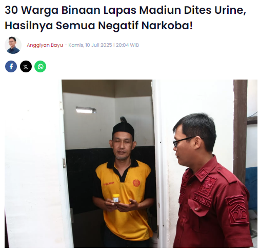 30 Warga Binaan Lapas Madiun Dites Urine, Hasilnya Semua Negatif Narkoba
