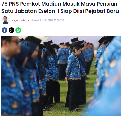 76 PNS Pemkot Madiun Masuk Masa Pensiun, Satu Jabatan Eselon II Siap Diisi Pejabat Baru