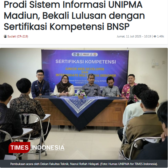 Prodi Sistem Informasi UNIPMA Madiun, Bekali Lulusan dengan Sertifikasi Kompetensi BNSP