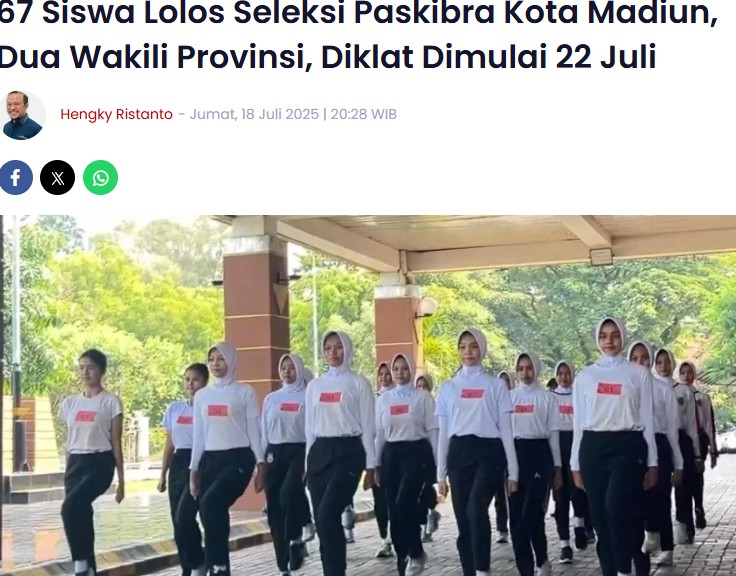 67 Siswa Lolos Seleksi Paskibra Kota Madiun, Dua Wakili Provinsi, Diklat Dimulai 22 Juli