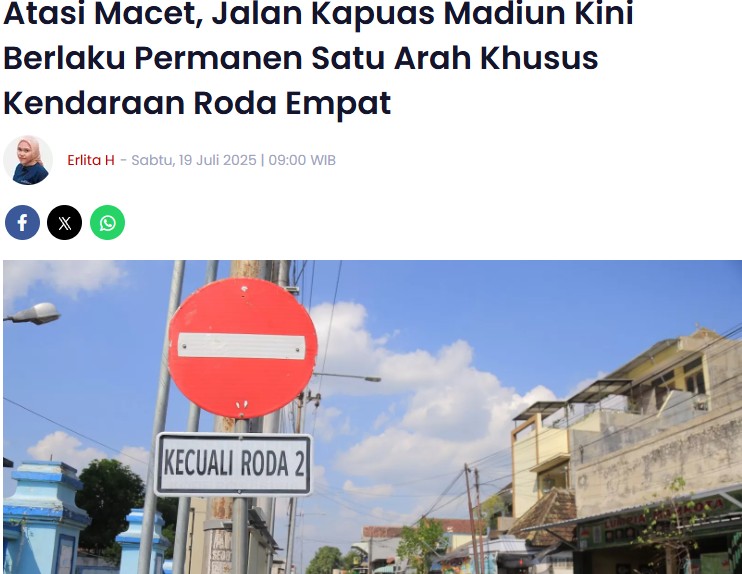 Atasi Macet, Jalan Kapuas Madiun Kini Berlaku Permanen Satu Arah Khusus Kendaraan Roda Empat
