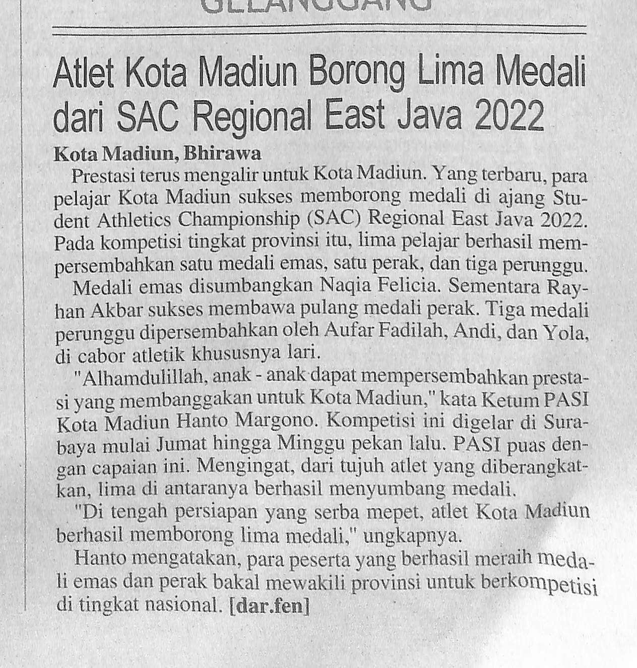 Atlet Kota Madiun Borong Lima Medali Dari SAC Regional East Java 2022