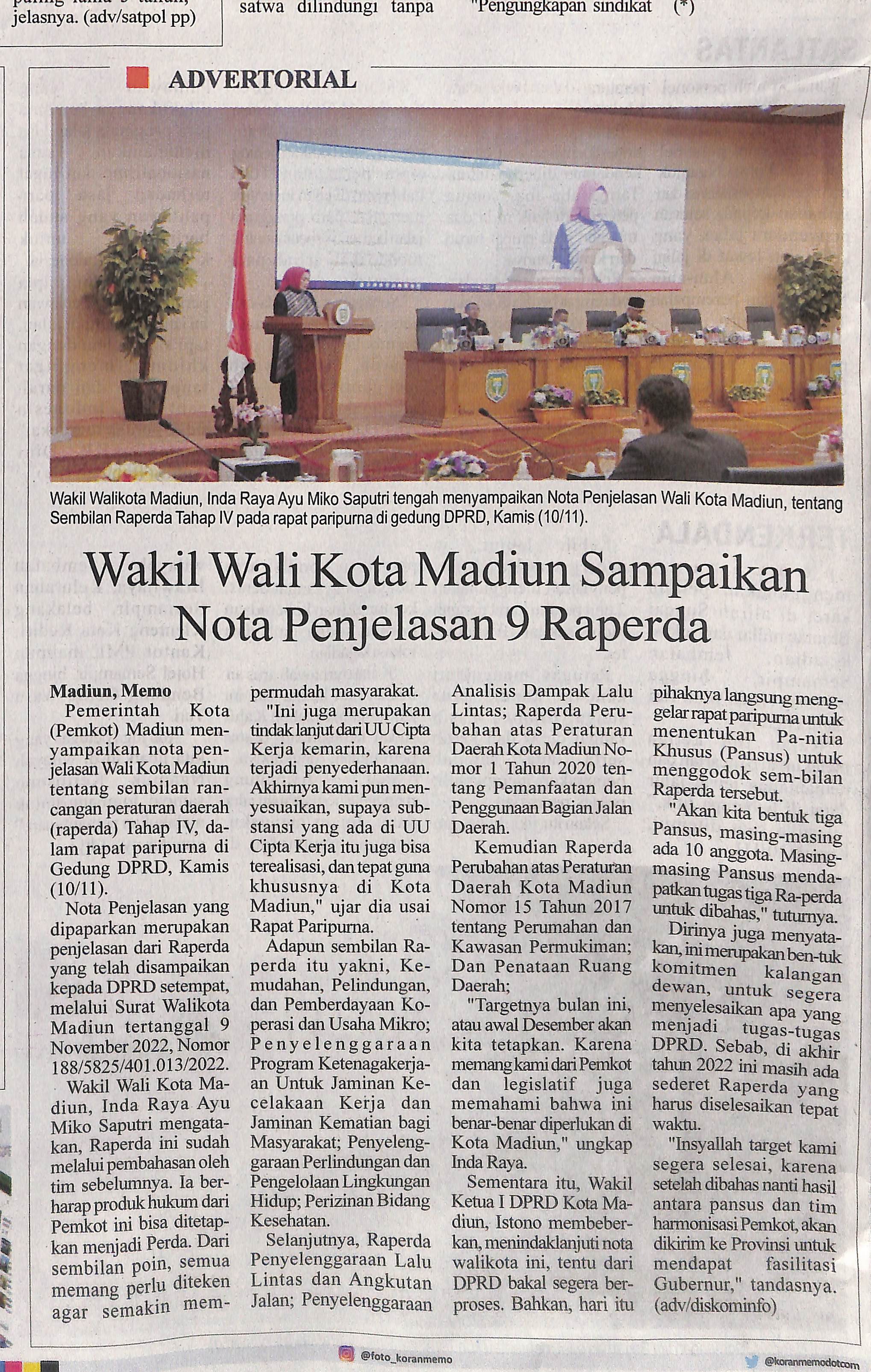 Wakil Walikota Madiun Sampaikan Nota Penjelasan 9 Raperda