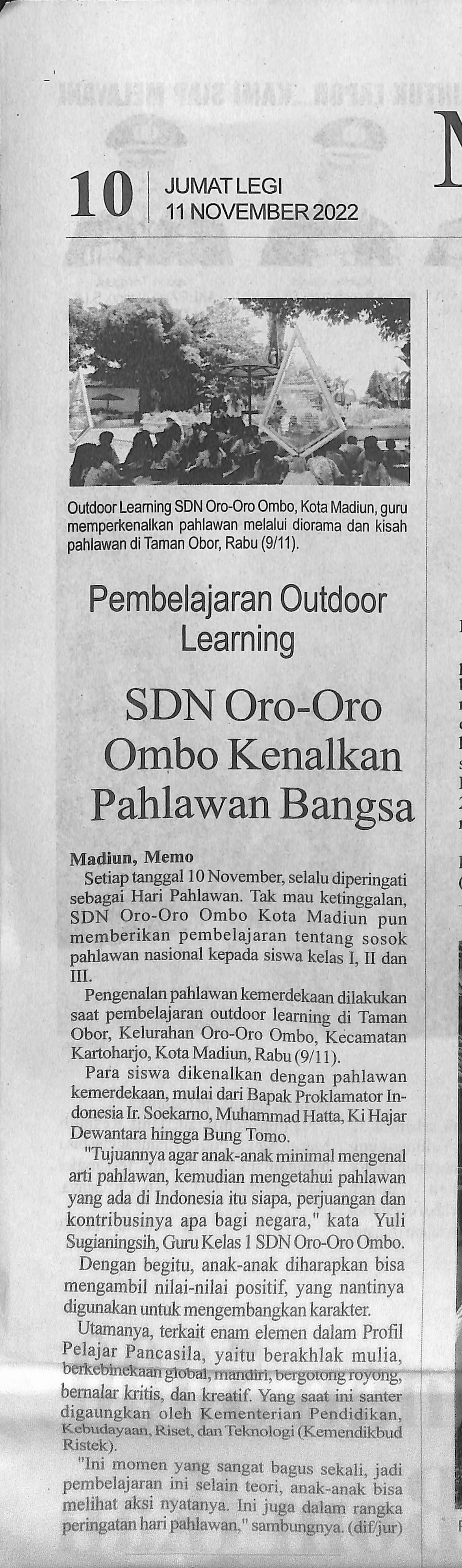 Pembelajaran Outdoor Learning, SDN Oro-Oro Ombo Kenalkan Pahlawan Bangsa