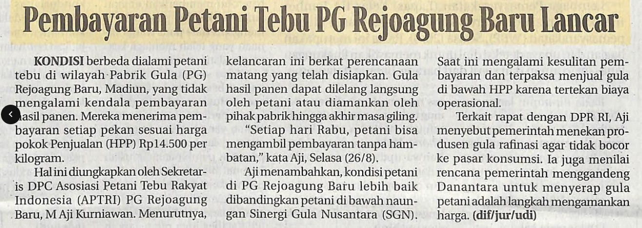 Pembayaran Petani Tebu PG Rejoagung Baru Lancar