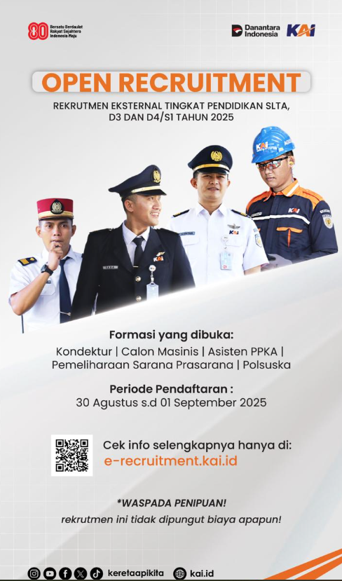 KAI Buka Rekrutmen Eksternal 2025 untuk Lulusan SLTA hingga S1, Catat Jadwalnya!