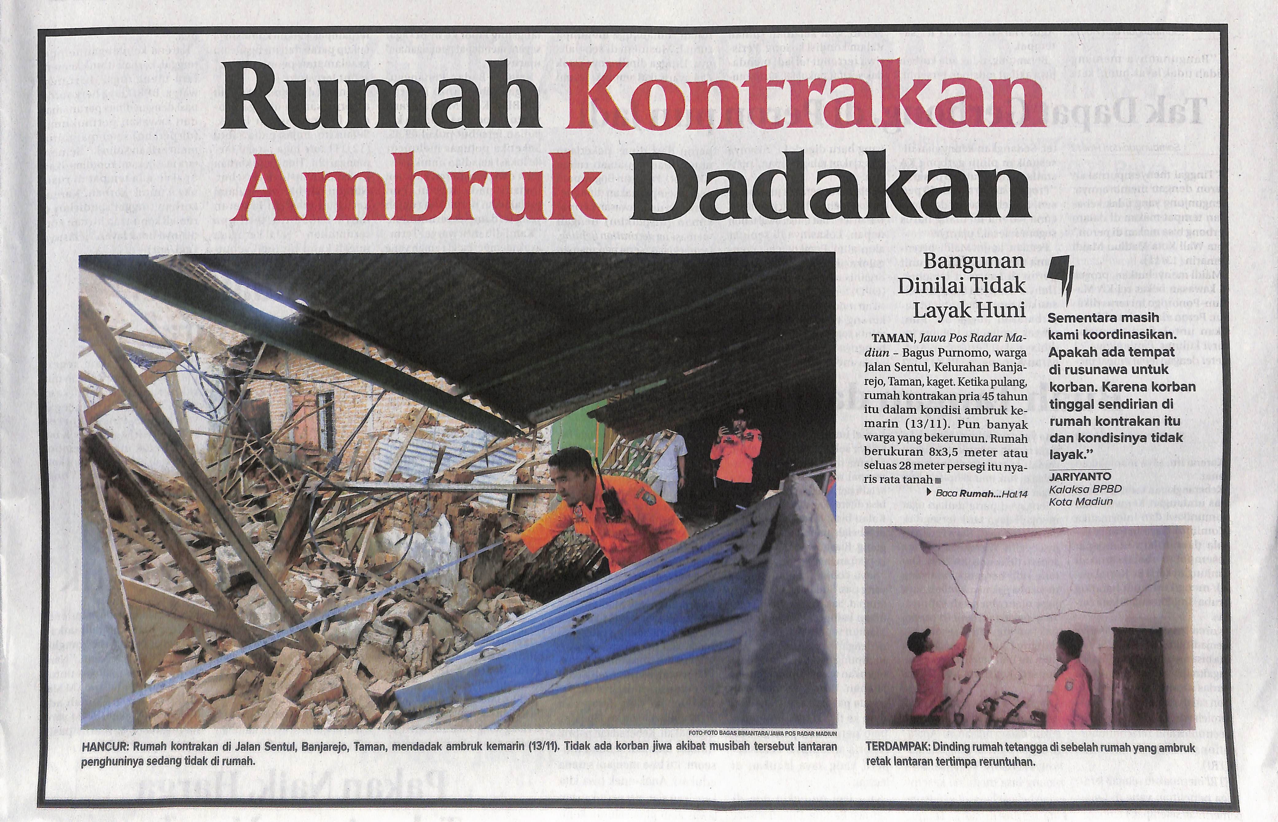Rumah Kontrakan Ambruk Dadakan, Bangunan Dinilai Tidak Layak Huni