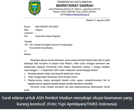 Demi Keselamatan dan Keamanan, ASN Pemkot Madiun Diminta Tanggalkan Seragam Kerja