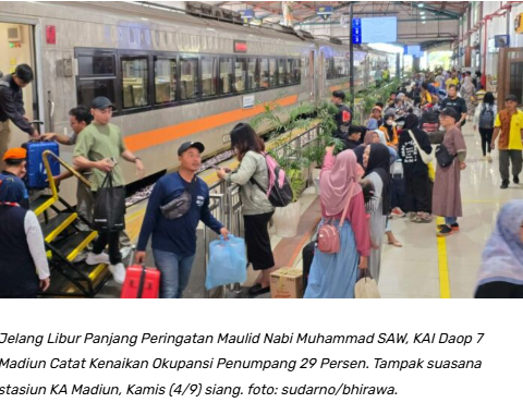 Jelang Libur Panjang Peringatan Maulid Nabi Muhammad SAW, KAI Daop 7 Madiun Catat Kenaikan Penumpang 29 Persen