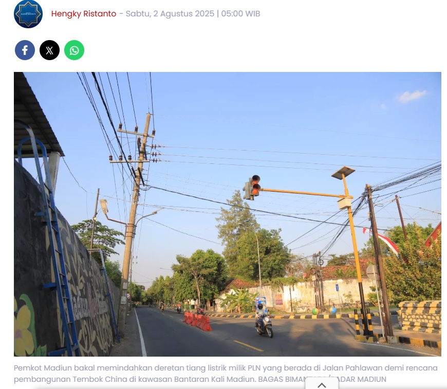 Pembangunan Tembok China Madiun Dimulai, Tiang Listrik PLN Dipindah