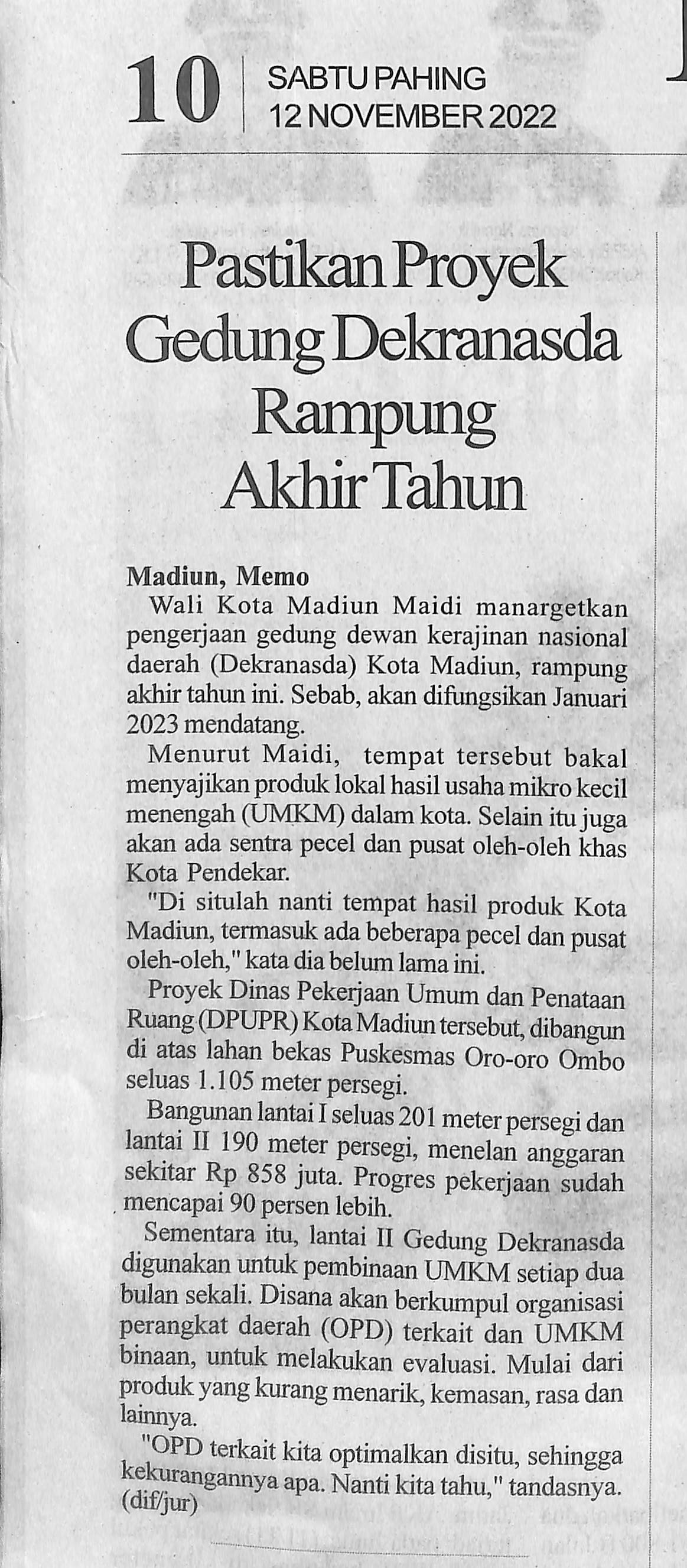 Pastikan Proyek Gedung Dekranasda Rampung Akhir Tahun
