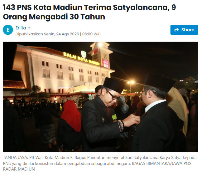 143 PNS Kota Madiun Terima Satyalancana, 9 Orang Mengabdi 30 Tahun