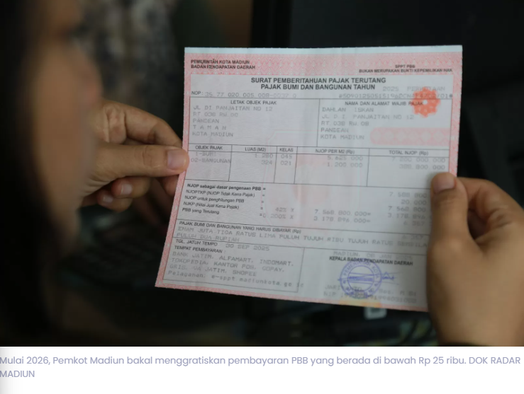 Kabar Baik! Tahun Depan PBB di Bawah Rp 25 Ribu Gratis di Kota Madiun