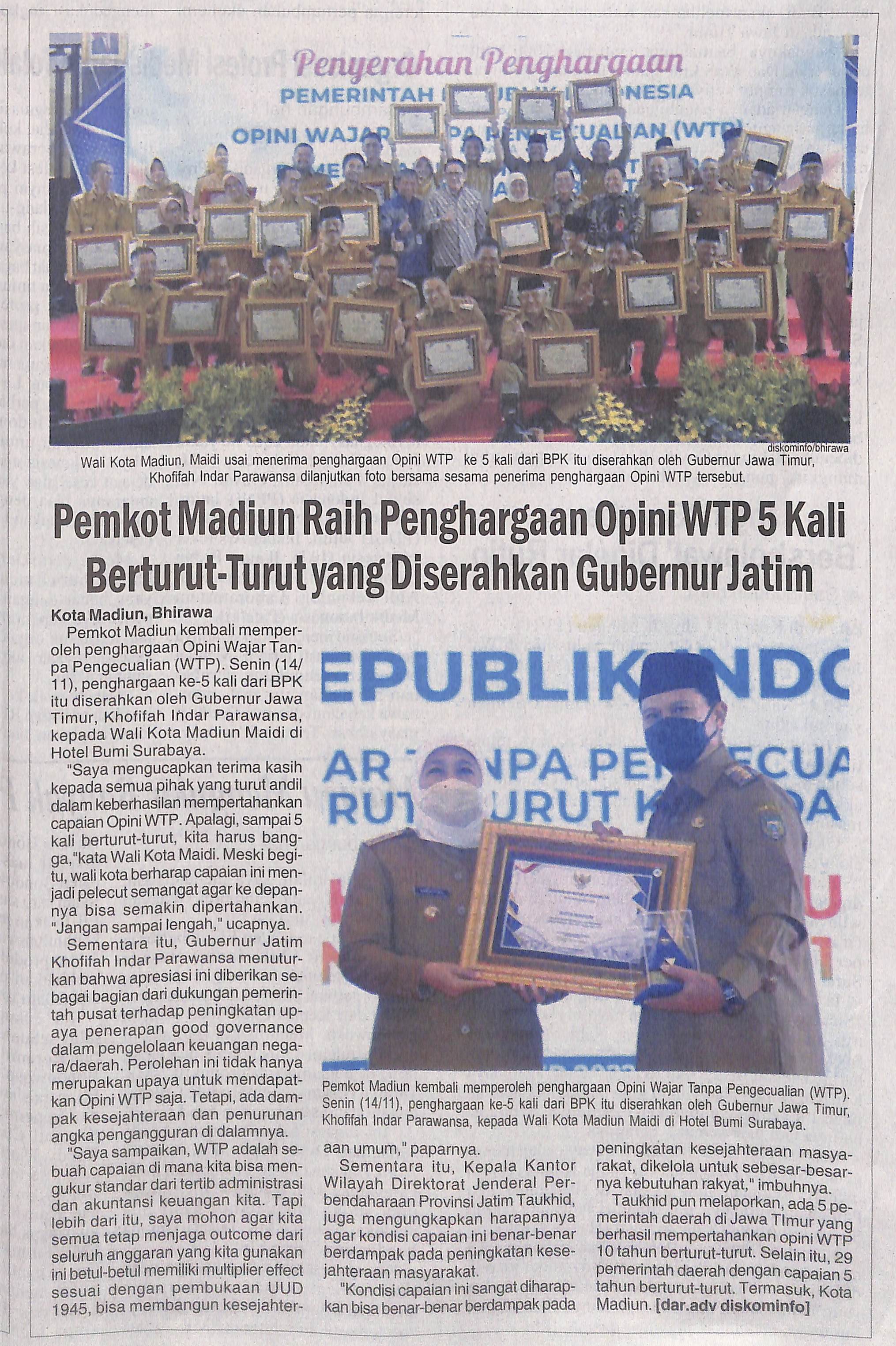 Pemkot Madiun Raih Penghargaan Opini WTP 5 Kali Berturut-Turut yang Diserahkan Gubernur Jatim