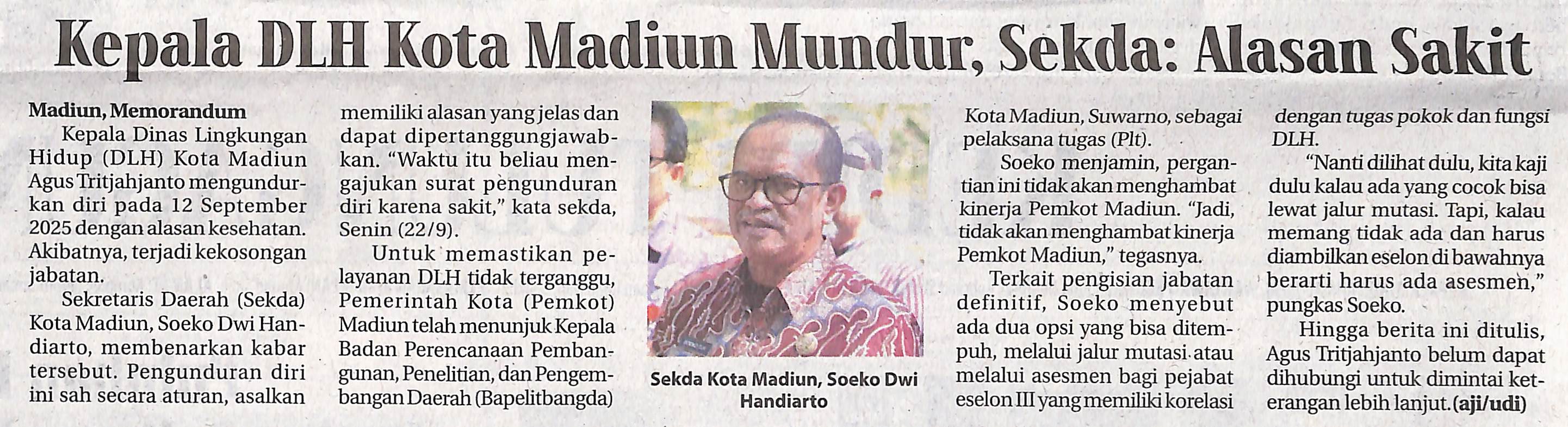Kepala DLH Kota Madiun Mundur, Sekda: Alasan Sakit