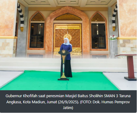 Gubernur Khofifah Resmikan Masjid Baitus Sholihin SMAN 3 Taruna Angkasa Madiun