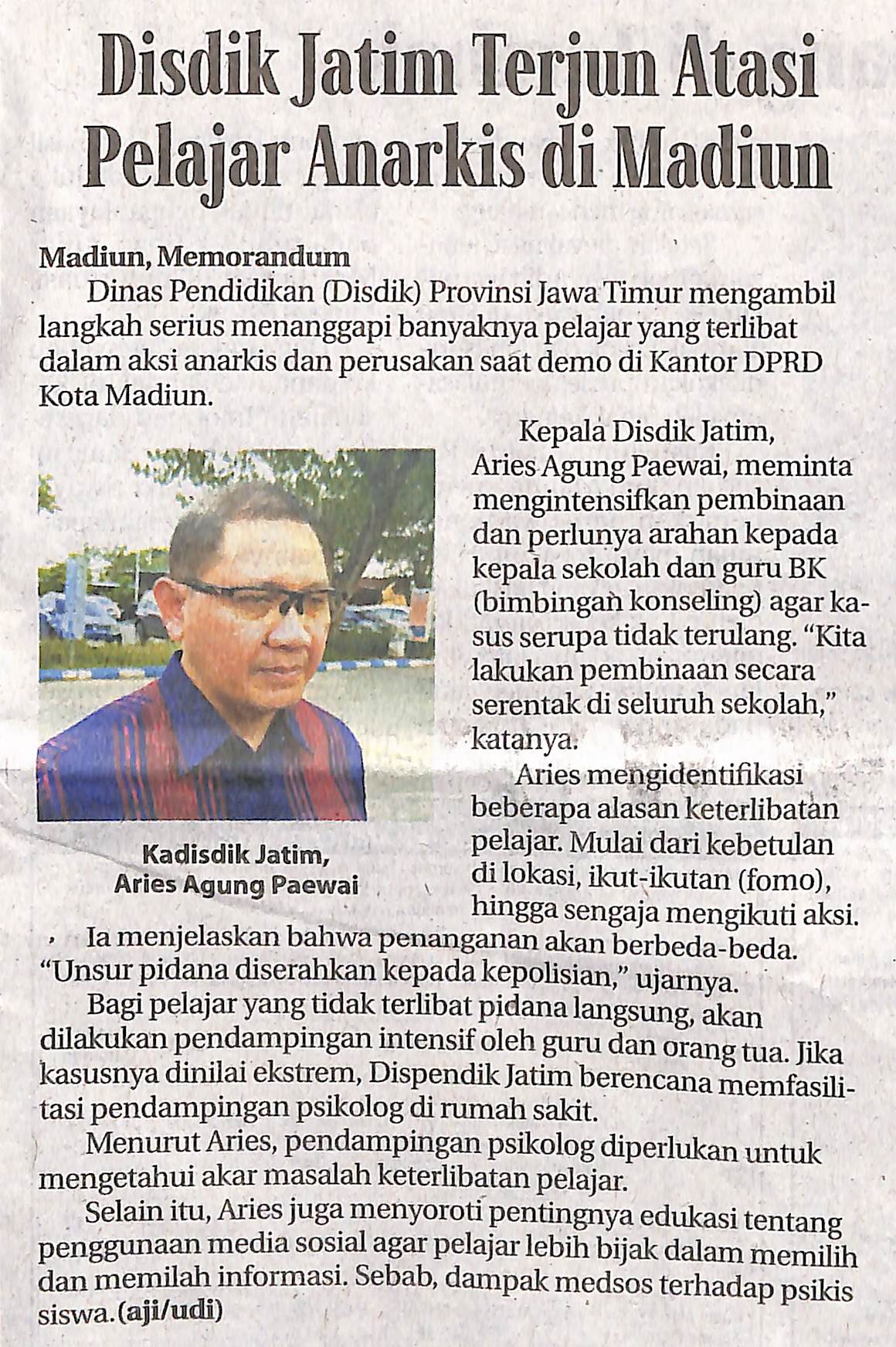 Disdik Jatim Terjun Atasi Pelajar Anarkis di Madiun