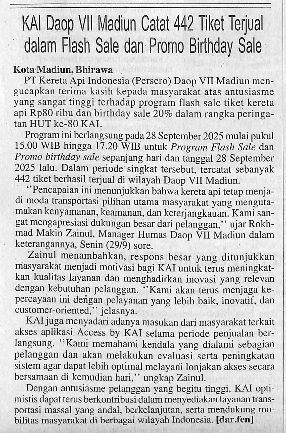 KAl Daop VII Madiun Catat 442 Tiket Terjual dalam Flash Sale dan Promo Birthday Sale