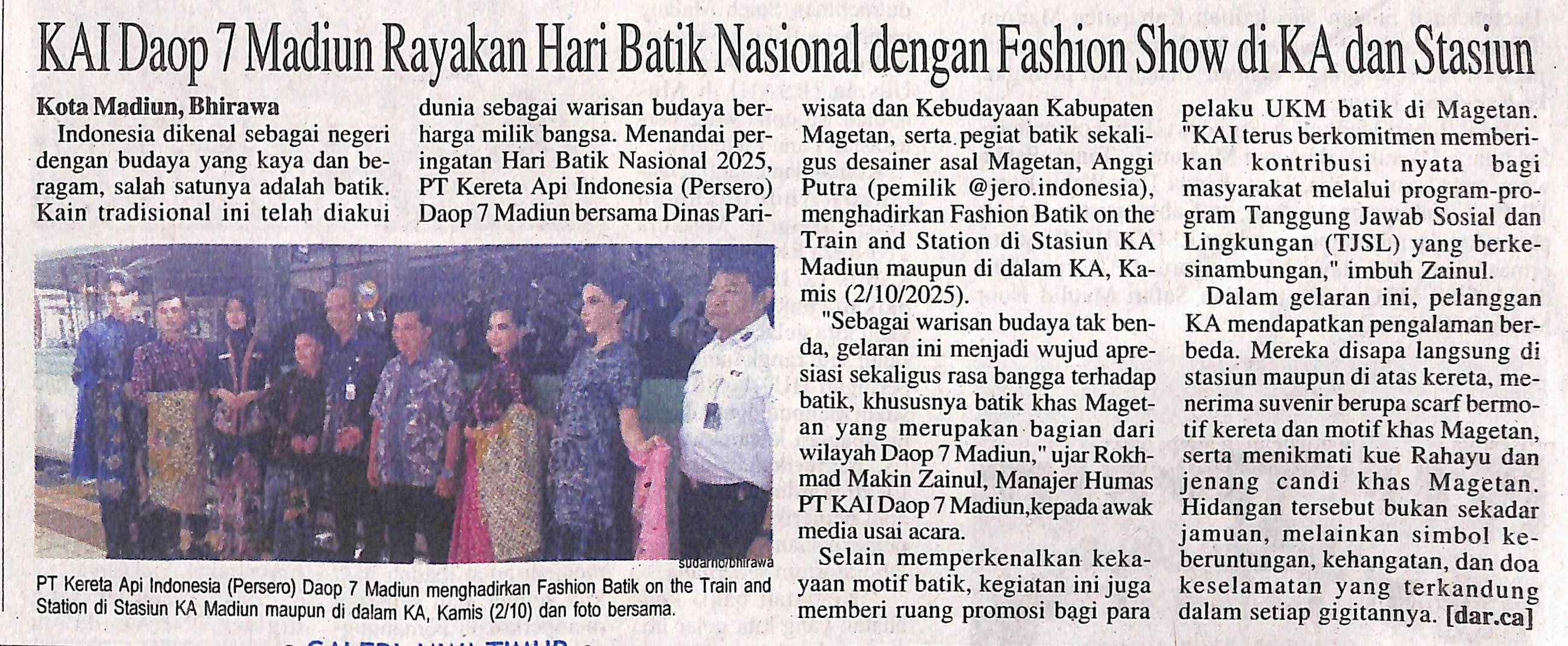 KAI Daop 7 Madiun Rayakan Hari Batik Nasional dengan Fashion Show di KA dan Stasiun