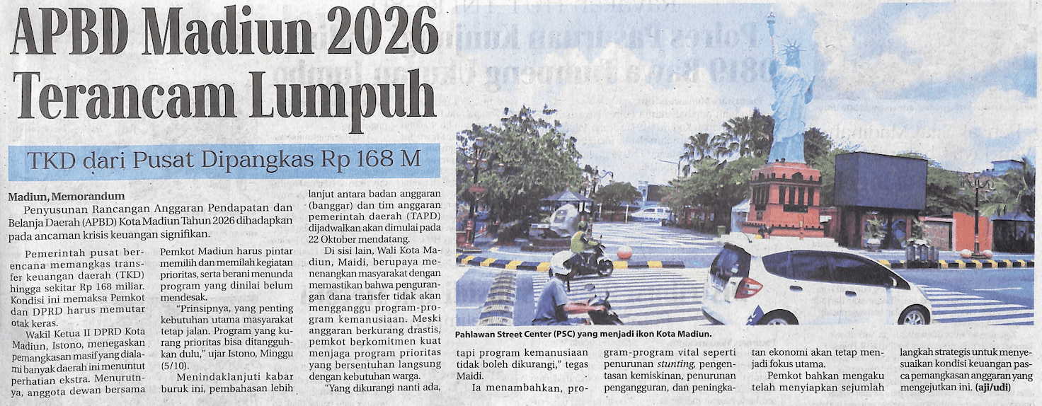 APBD Madiun 2026 Terancam Lumpuh, TKD dari Pusat Dipangkas Rp168 M