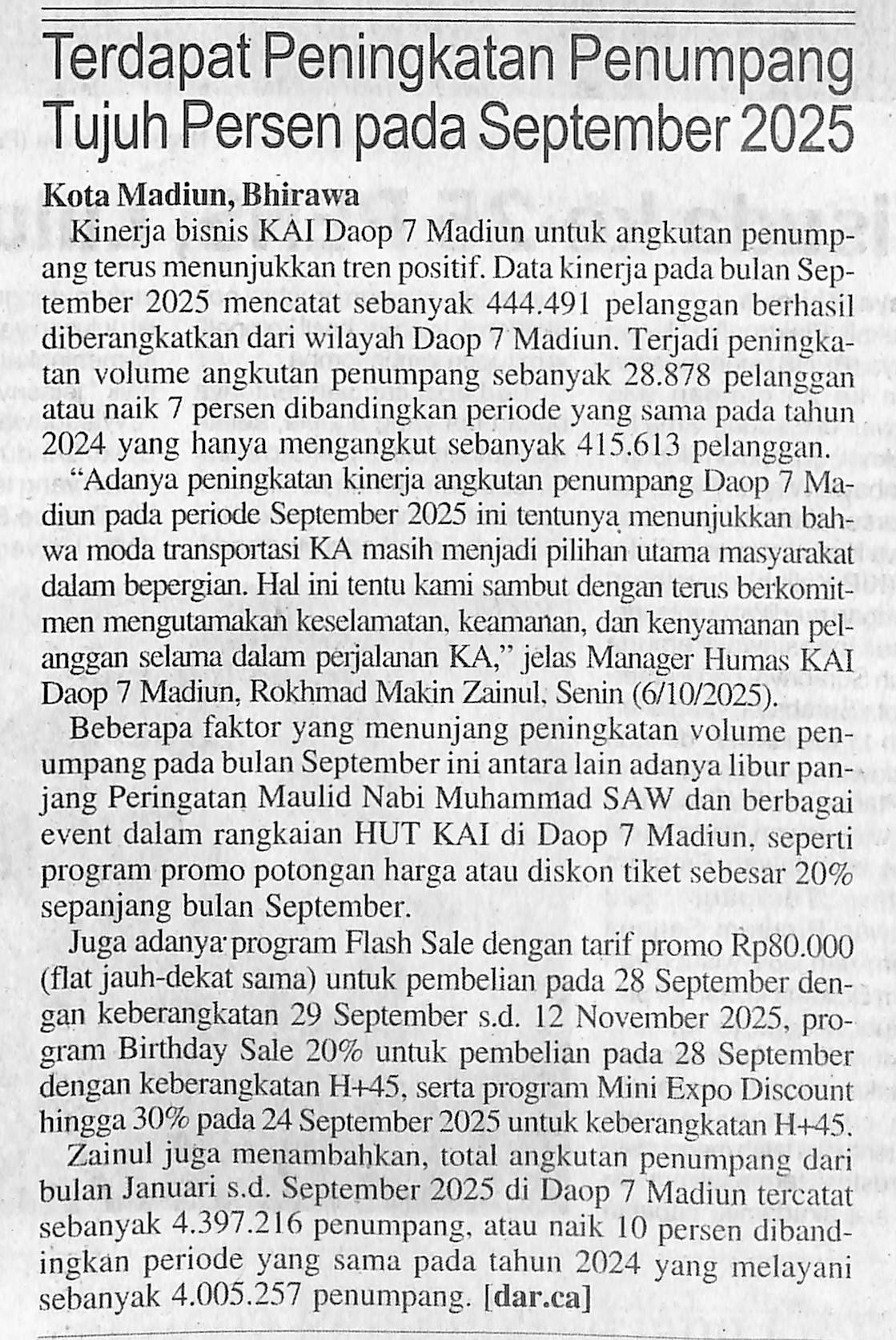 Terdapat Peningkatan Penumpang Tujuh Persen pada September 2025