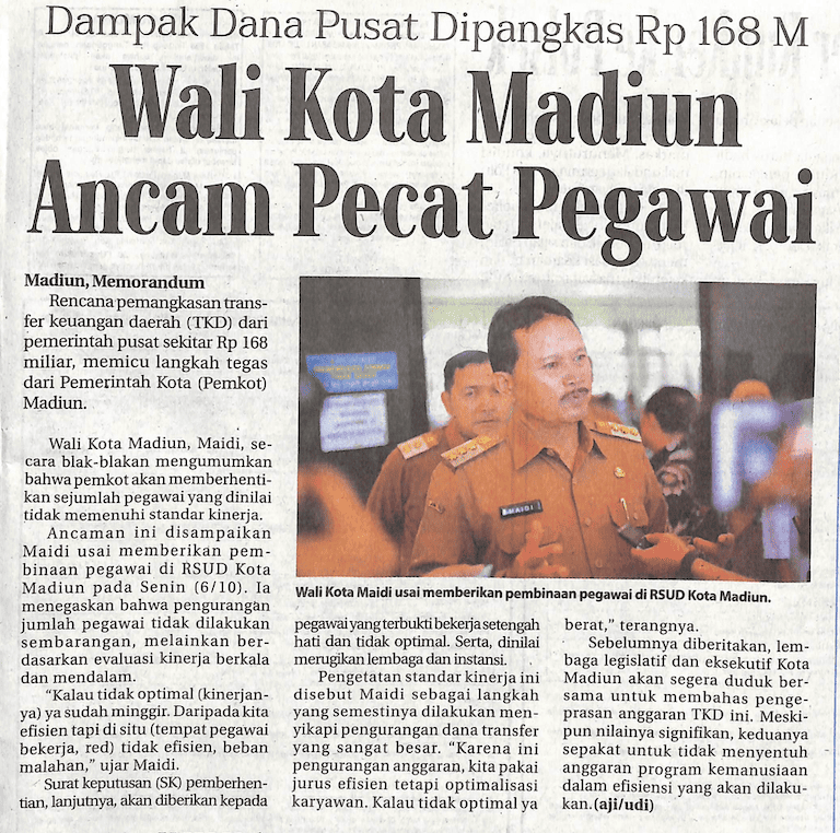 Dampak Dana Pusat Dipangkas Rp168 M, Wali Kota Madiun Ancam Pecat Pegawai