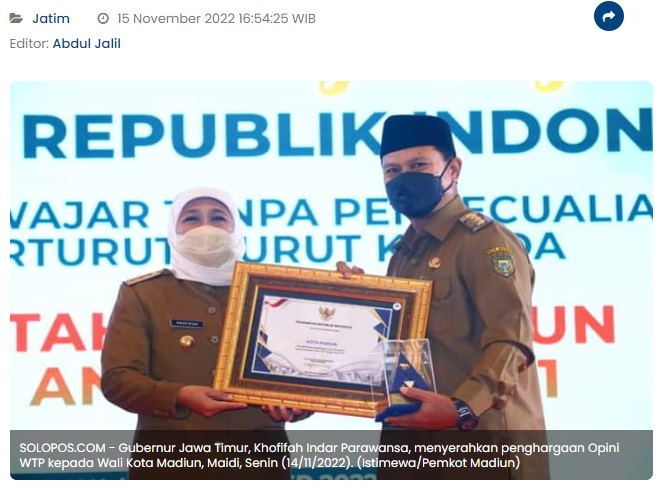 Selamat! Pemkot Madiun Raih Opini WTP Lima Kali Berturut-Turut
