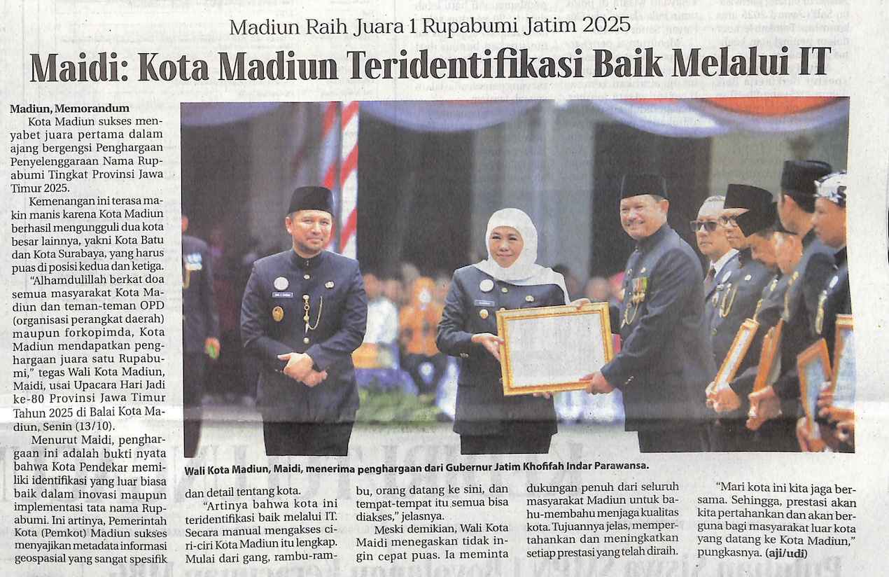 Madiun Raih Juara 1 Rupabumi Jatim 2025, Maidi Kota Madiun Teridentifikasi Baik Melalui IT