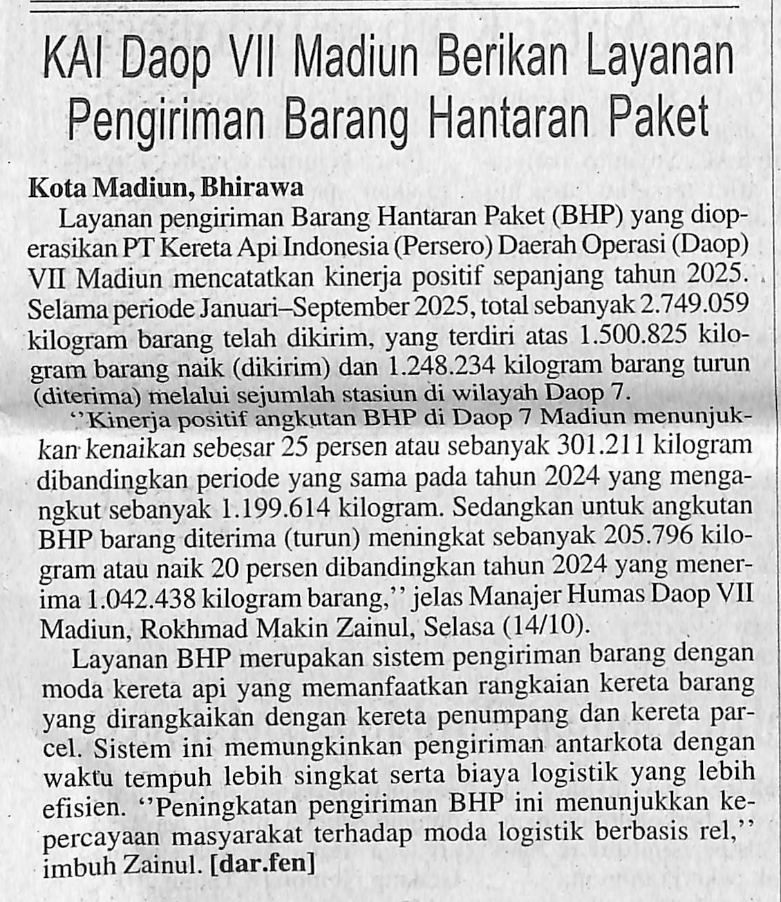 KAI Daop VII Madiun Berikan Layanan Pengiriman Barang Hantaran Paket