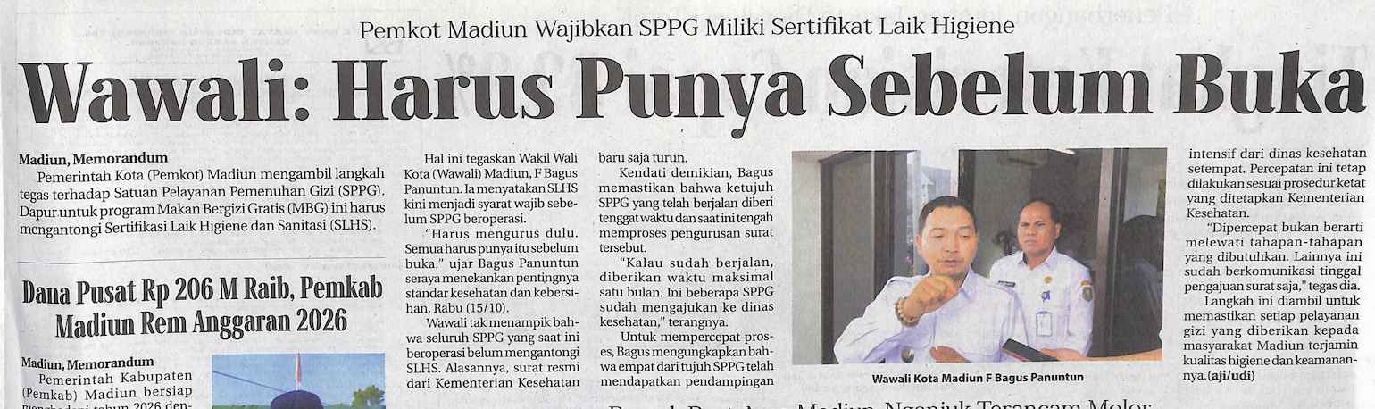 Pemkot Madiun Wajibkan SPPG Miliki Sertifikat Laik Higiene, Wawali: Harus Punya Sebelum Buka