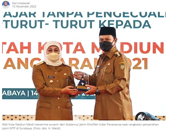 Pemkot Madiun Raih Penghargaan WTP 5 Kali Berturut-turut, Khofifah Apresiasi Peningkatan Good Governance