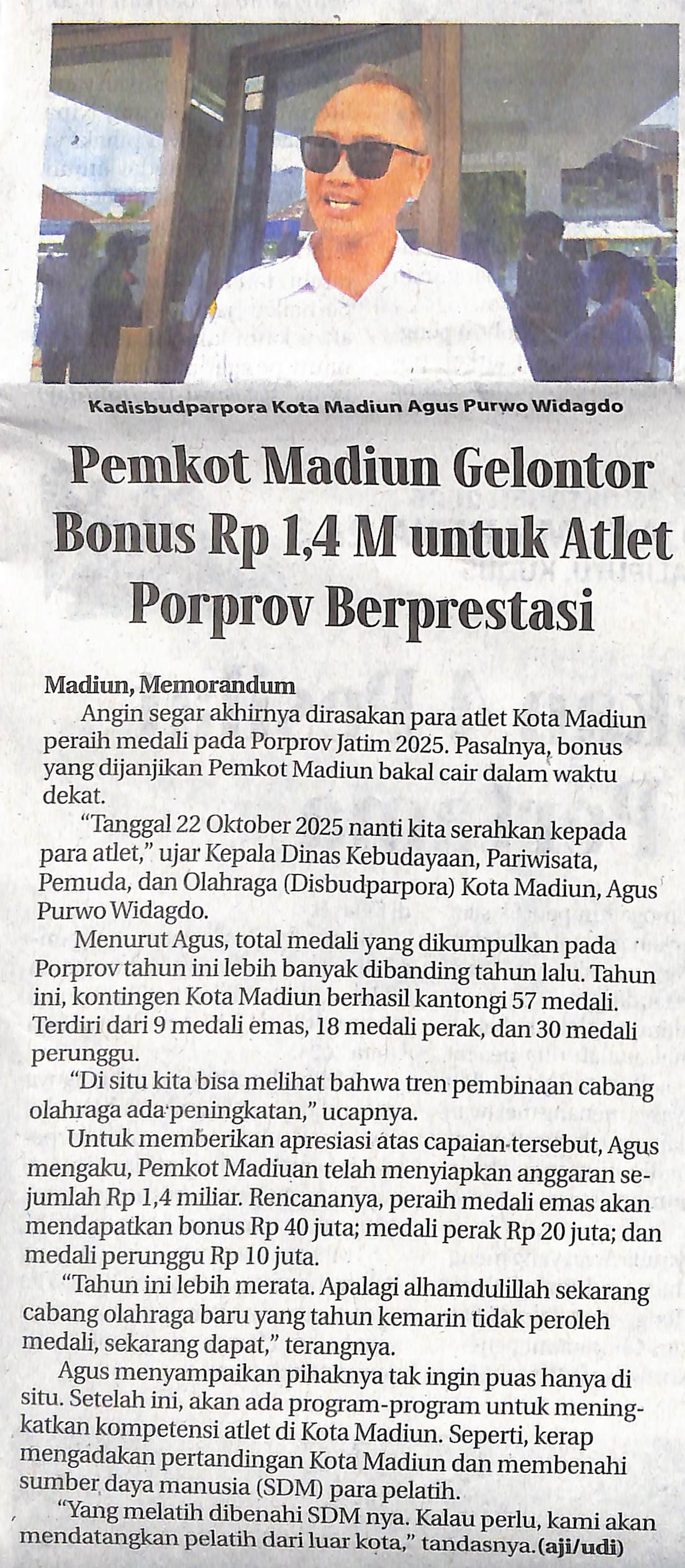 Pemkot Madiun Gelontor Bonus Rp 1,4 M untuk Atlet Porprov Berprestasi