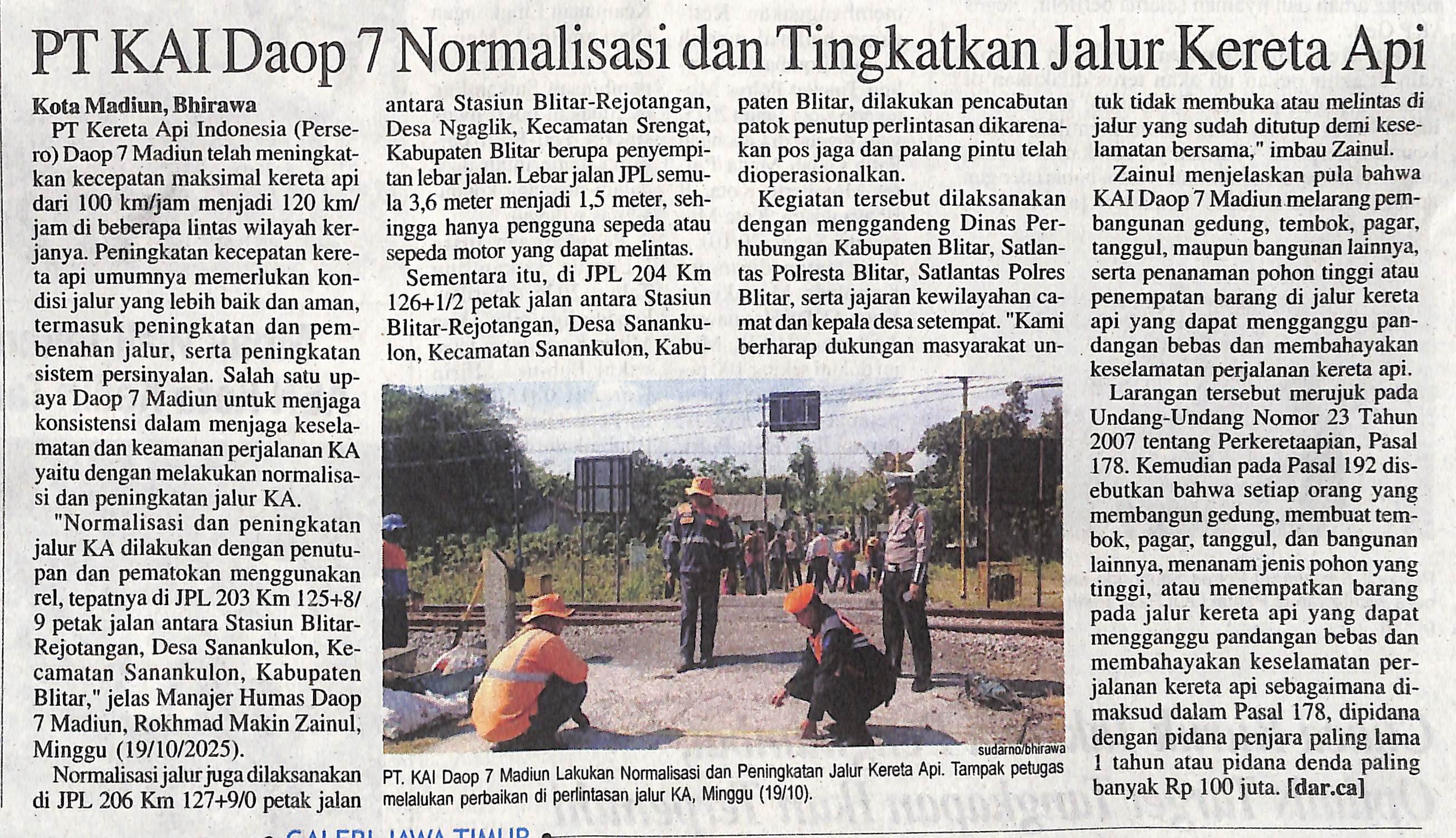 PT KAI Daop 7 Normalisasi dan Tingkatkan Jalur Kereta Api