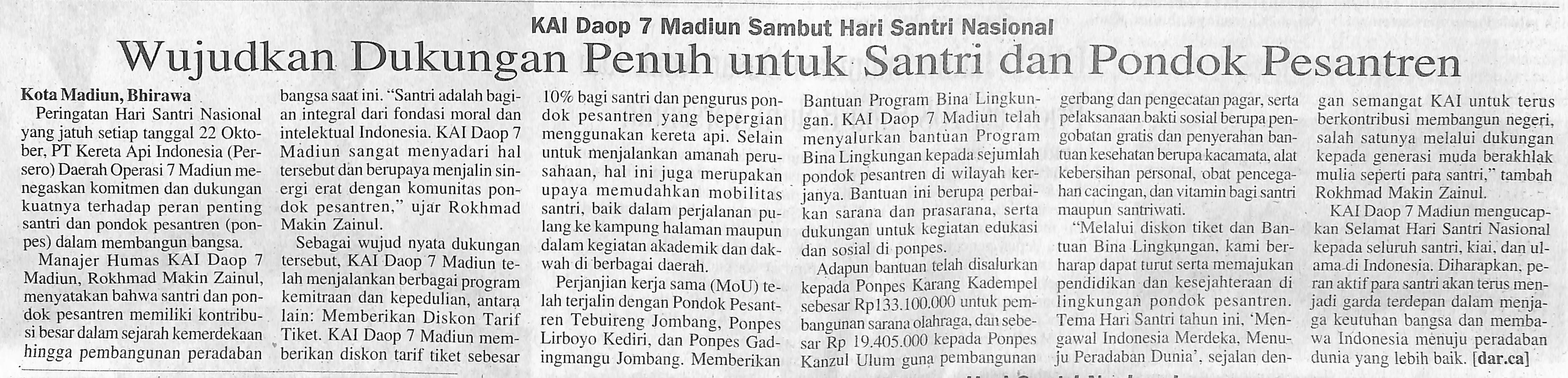 KAI Daop 7 Madiun Sambut Hari Santri Nasional, Wujudkan Dukungan Penuh untuk Santri dan Pondok Pesantren