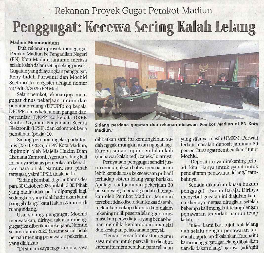 Rekanan Proyek Gugat Pemkot Madiun, Penggugat: Kecewa Sering Kalah Lelang