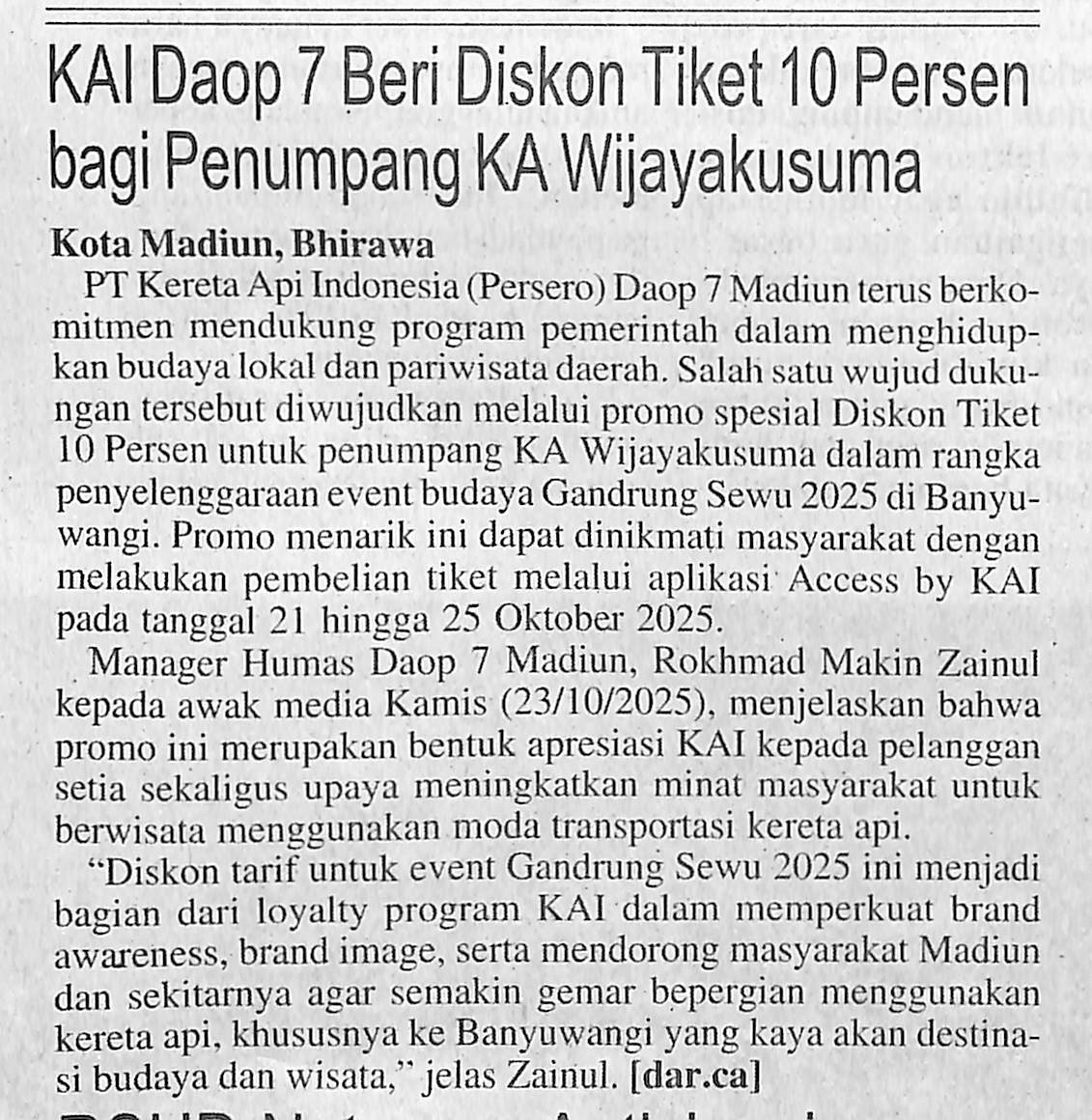 KAI Daop 7 Beri Diskon Tiket 10 Persen bagi Penumpang KA Wijayakusuma