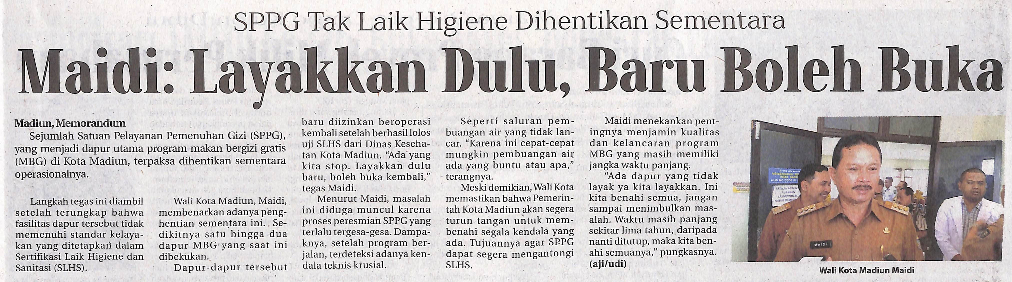 SPPG Tak Laik Higiene Dihentikan Sementara, Maidi: Layakkan Dulu, Baru Boleh Buka