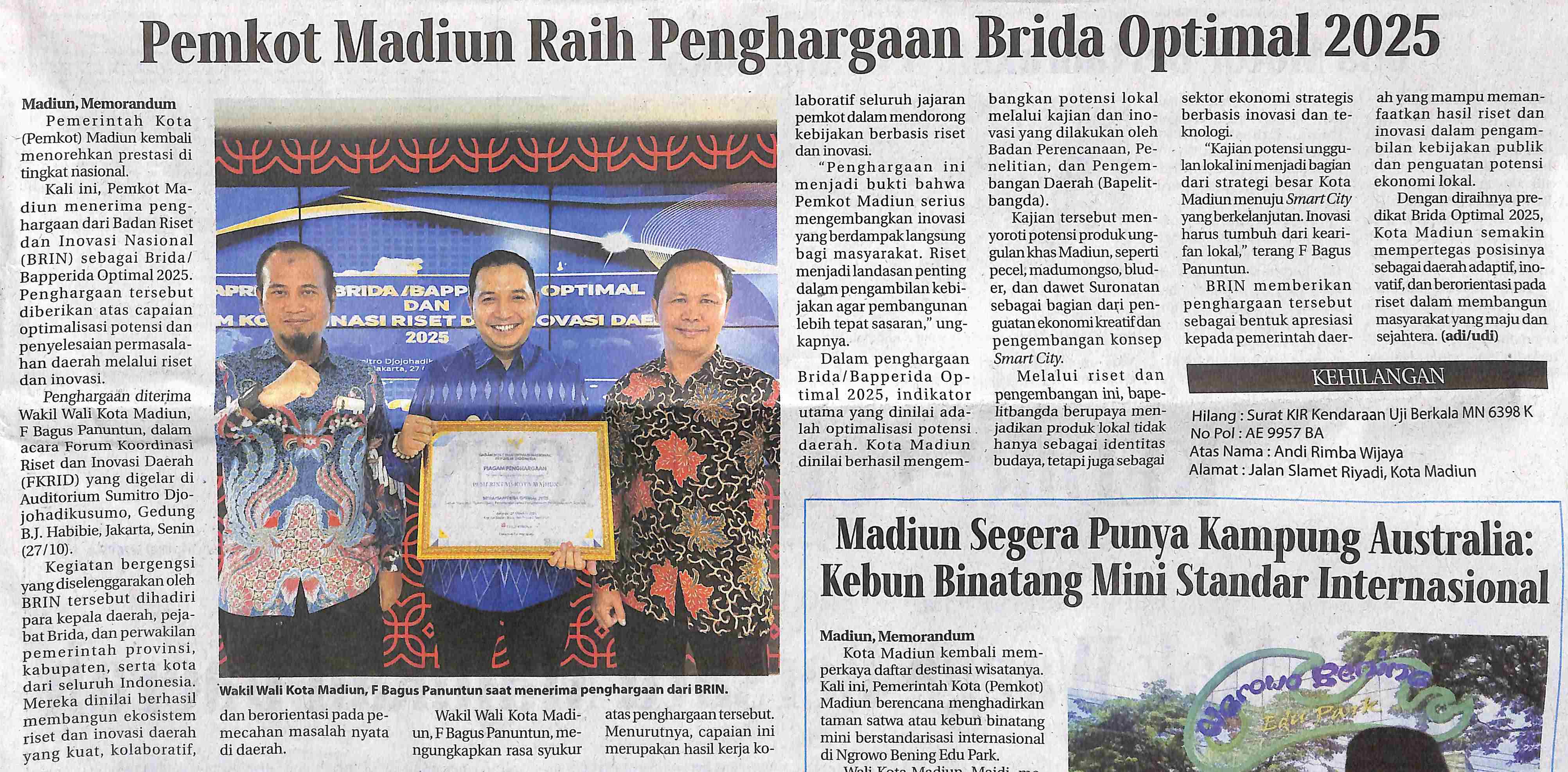Pemkot Madiun Raih Penghargaan Brida Optimal 2025