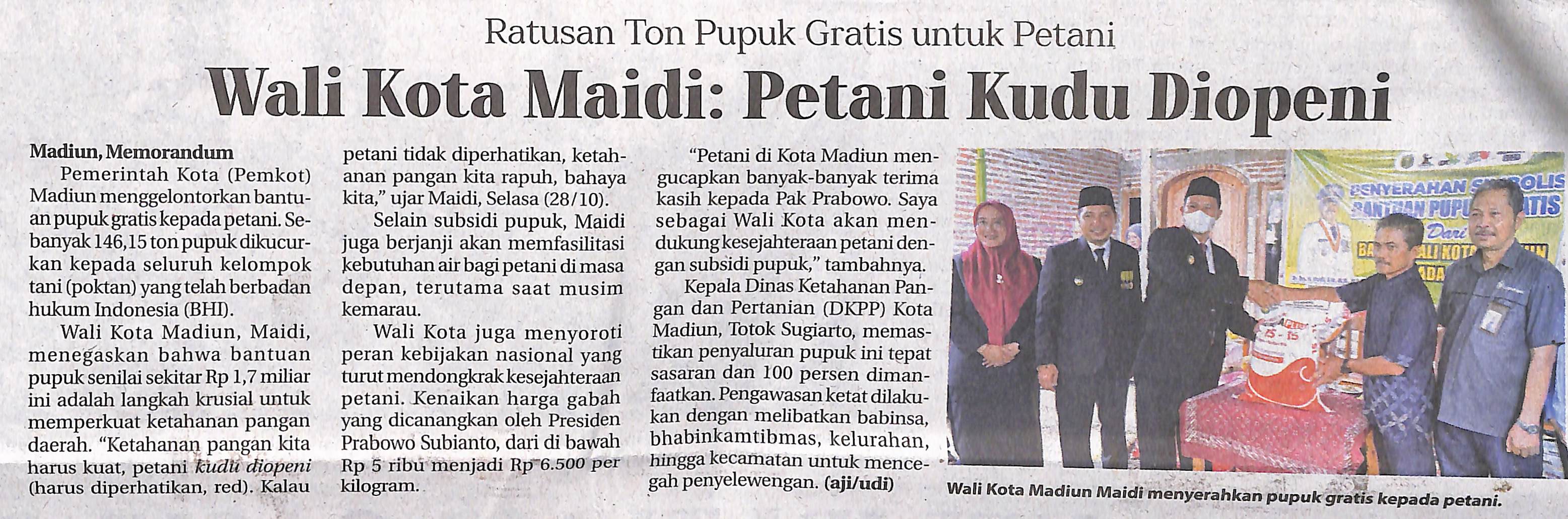 Ratusan Ton Pupuk Gratis untuk Petani, Wali Kota Maidi: Petani Kudu Diopeni