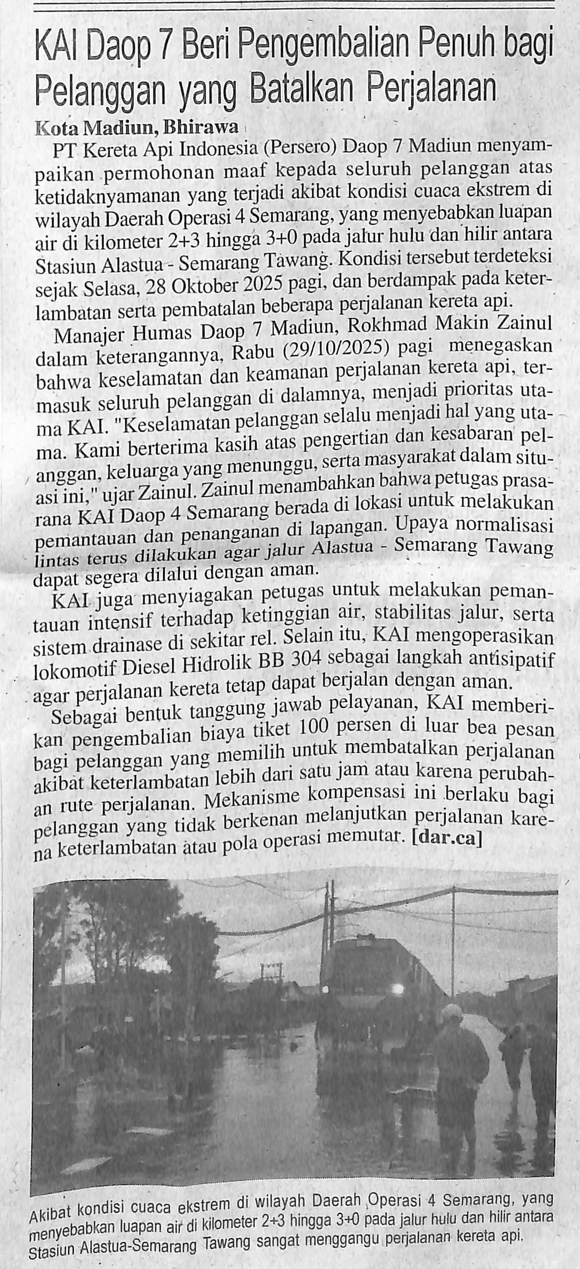 KAI Daop 7 Beri Pengembalian Penuh bagi Pelanggan yang Batalkan Perjalanan