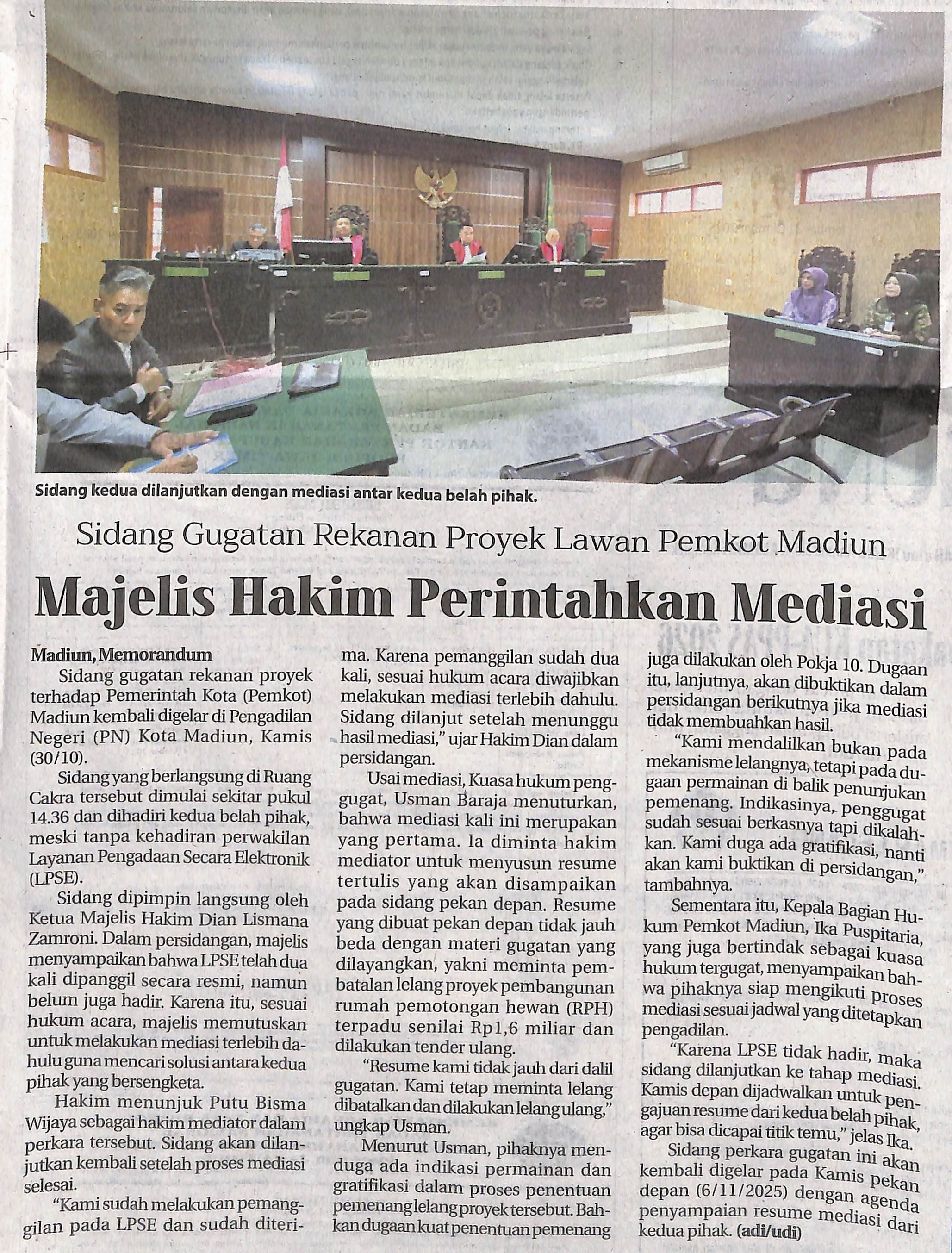 Sidang Gugatan Rekanan Proyek Lawan Pemkot Madiun, Majelis Hakim Perintahkan Mediasi