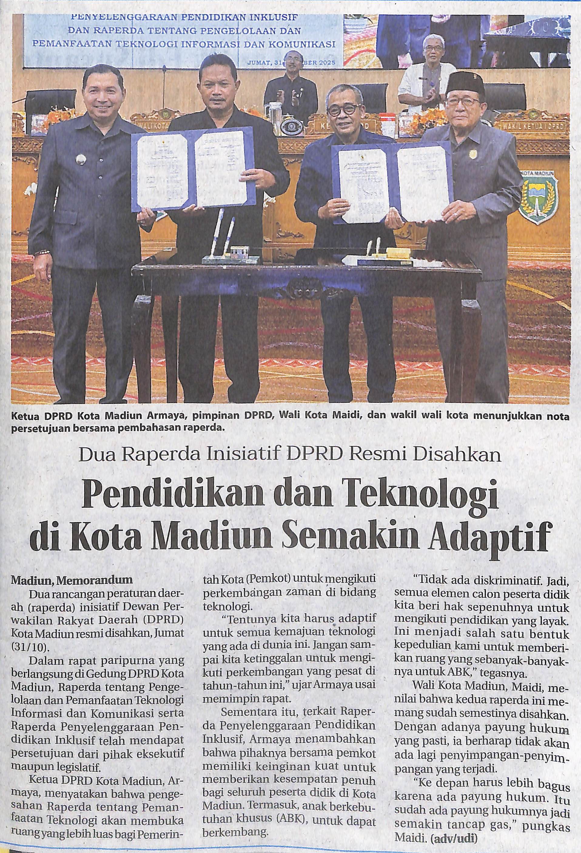 Dua Raperda Inisiatif DPRD Resmi Disahkan, Pendidikan dan Teknologi di Kota Madiun Semakin Adaptif