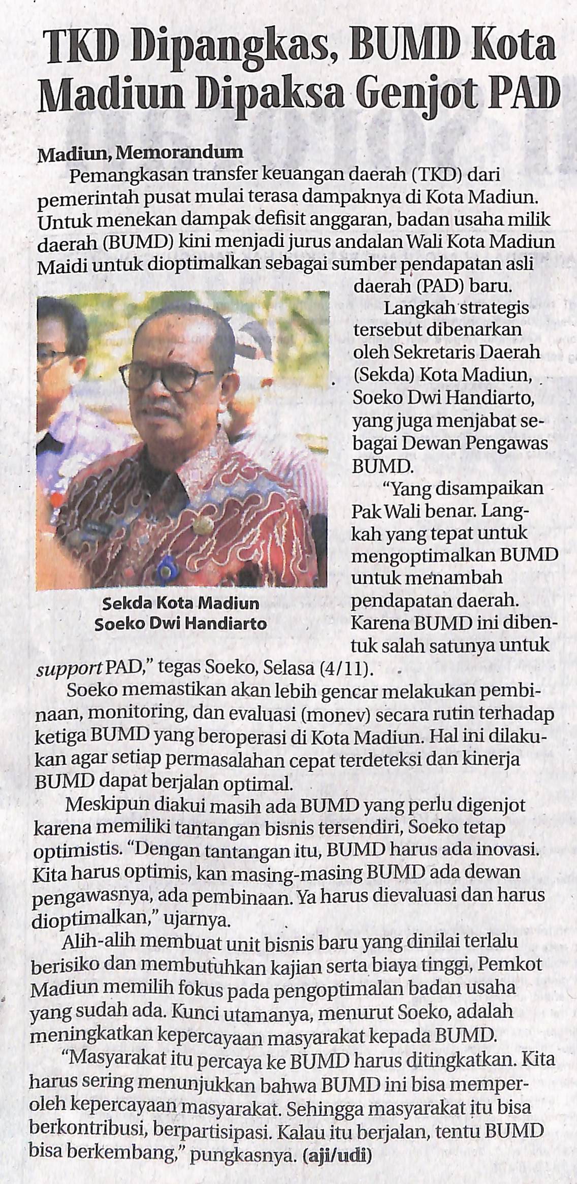 TKD Dipangkas, BUMD Kota Madiun Dipaksa Genjot PAD