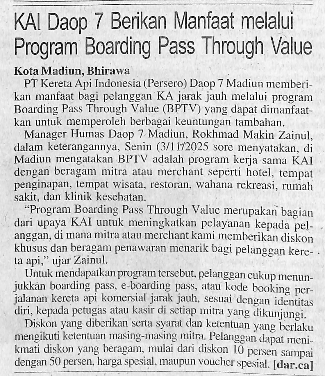 KAI Daop 7 Berikan Manfaat melalui Program Boarding Pass Through Value