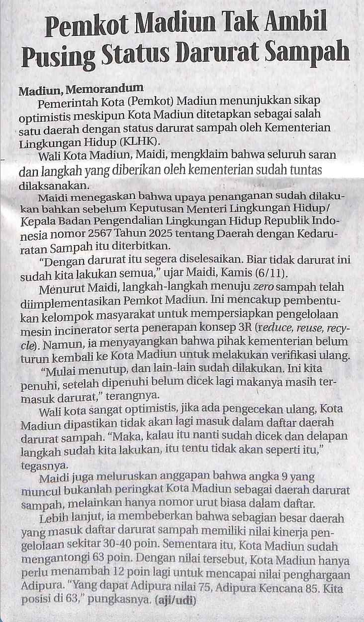 Pemkot Madiun Tak Ambil Pusing Status Darurat Sampah
